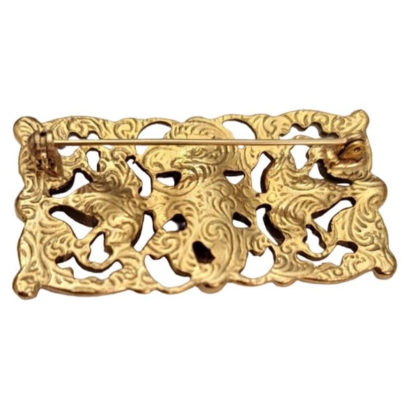 1928 Brand Gold Tone Red, Clear Glass Rhinestone Scroll Bar Brooch Pin E489 - Picture 5 of 9